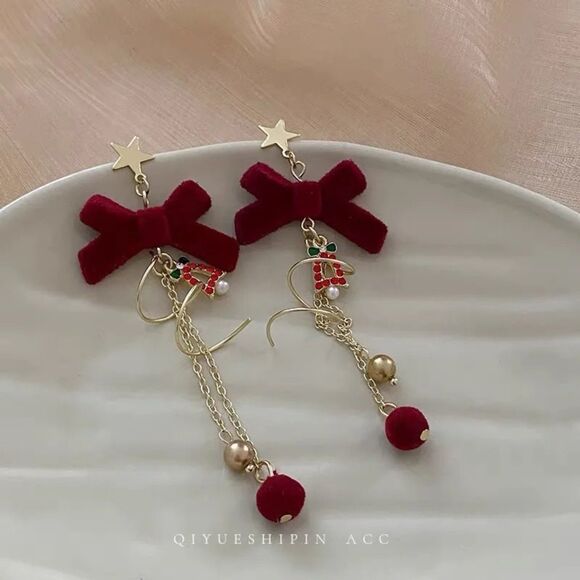 Elegant Cherry Red Bowknot Tassel Dangle Earrings - Picture 2 of 3